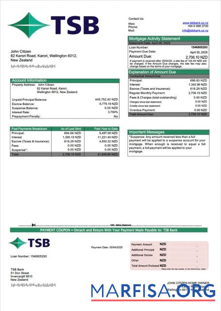 Blank New Zealand TSB Bank mortgage statement Word and PDF template